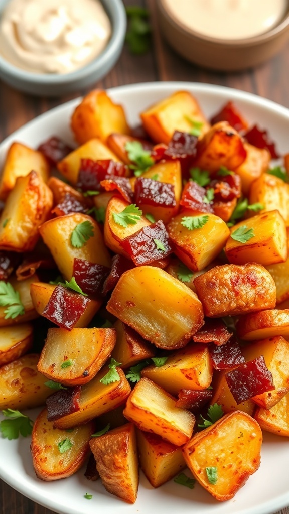 Crispy Air Fryer Bacon Potatoes Recipe Crispy air fryer bacon potatoes garnished with parsley on a rustic plate.